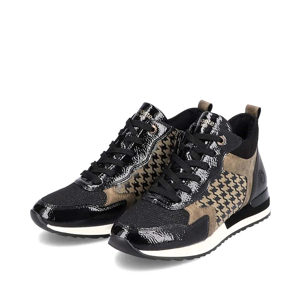 Remonte R2577-01 Lagro Leather Black and Taupe Hounds Tooth Print High Top Trainer Boots