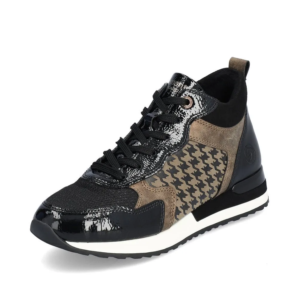 Remonte R2577-01 Lagro Leather Black and Taupe Hounds Tooth Print High Top Trainer Boots