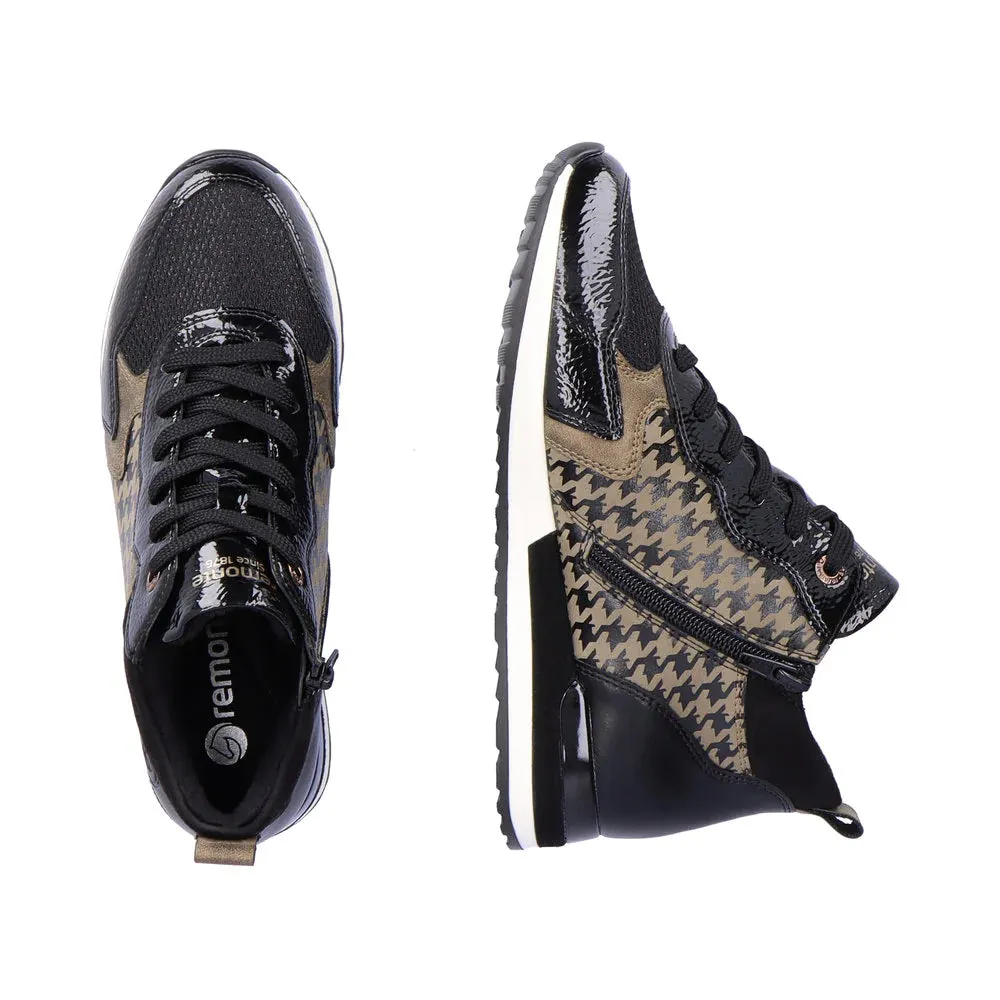 Remonte R2577-01 Lagro Leather Black and Taupe Hounds Tooth Print High Top Trainer Boots