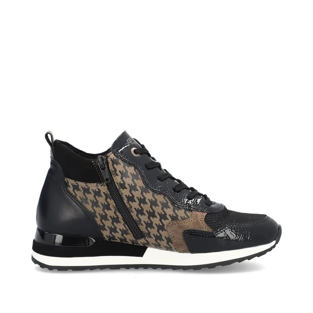 Remonte R2577-01 Lagro Leather Black and Taupe Hounds Tooth Print High Top Trainer Boots