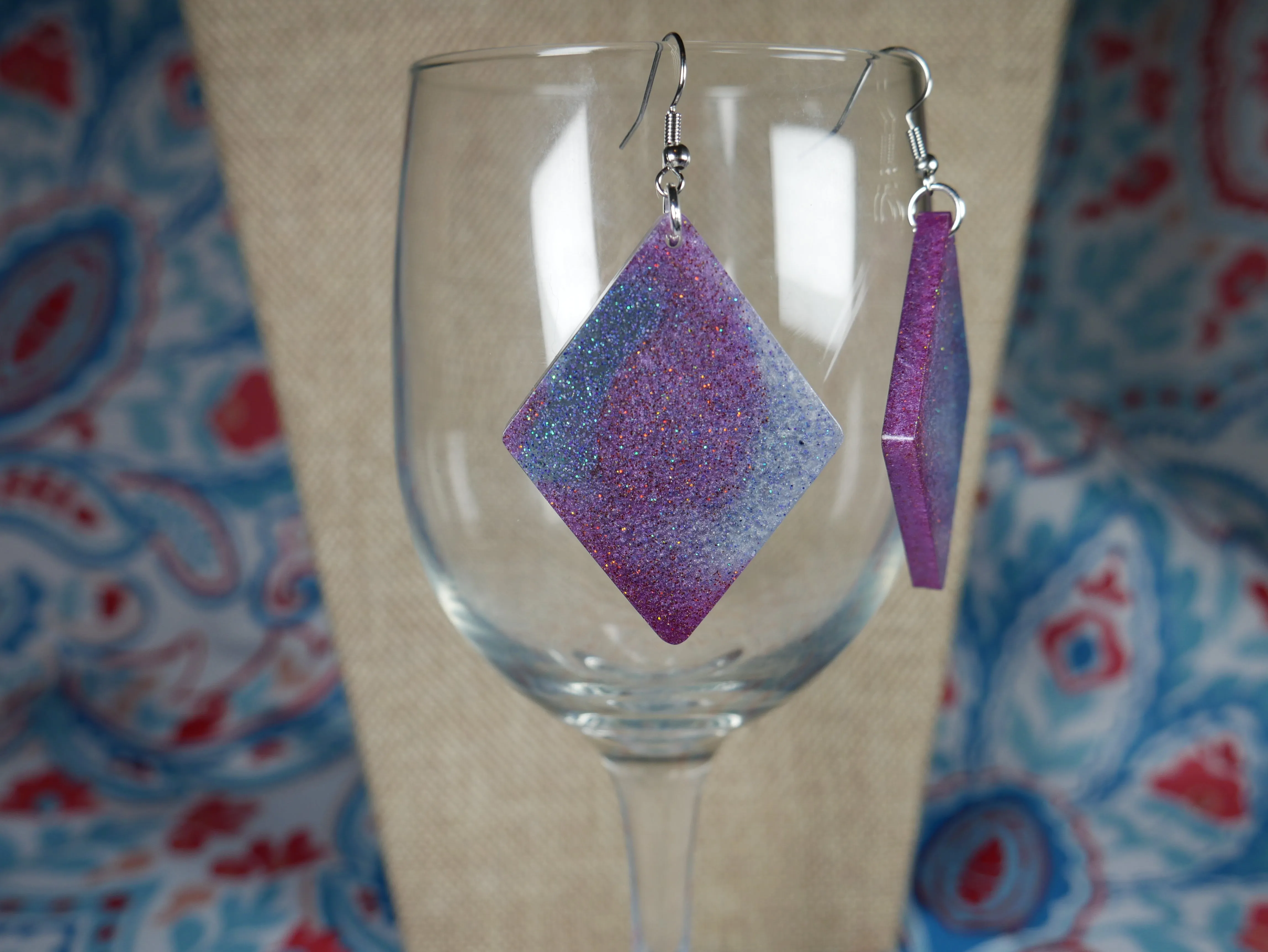 Resin Sparkly Blue, Purple and Silver Diamond Shaped Earrings