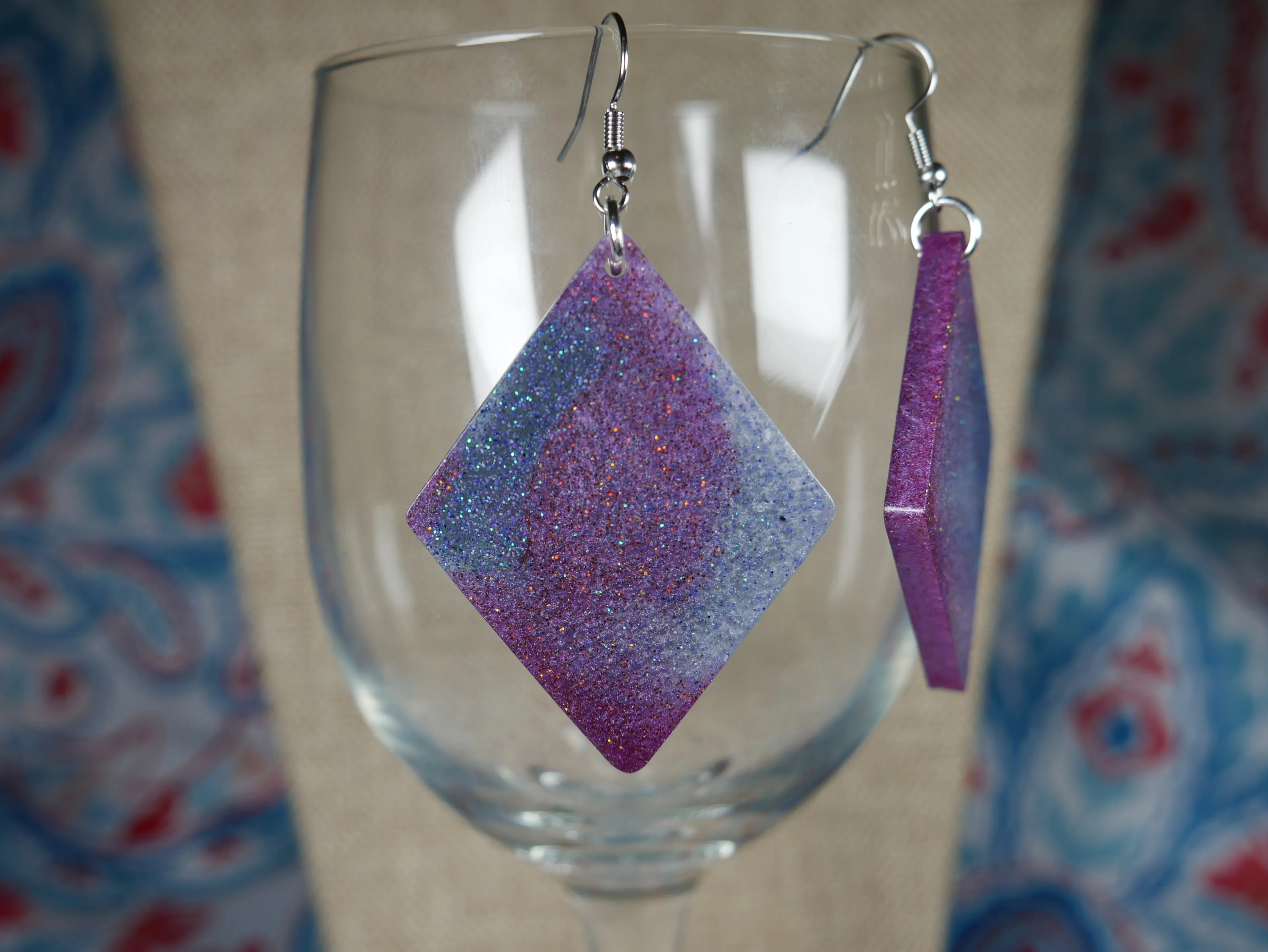 Resin Sparkly Blue, Purple and Silver Diamond Shaped Earrings