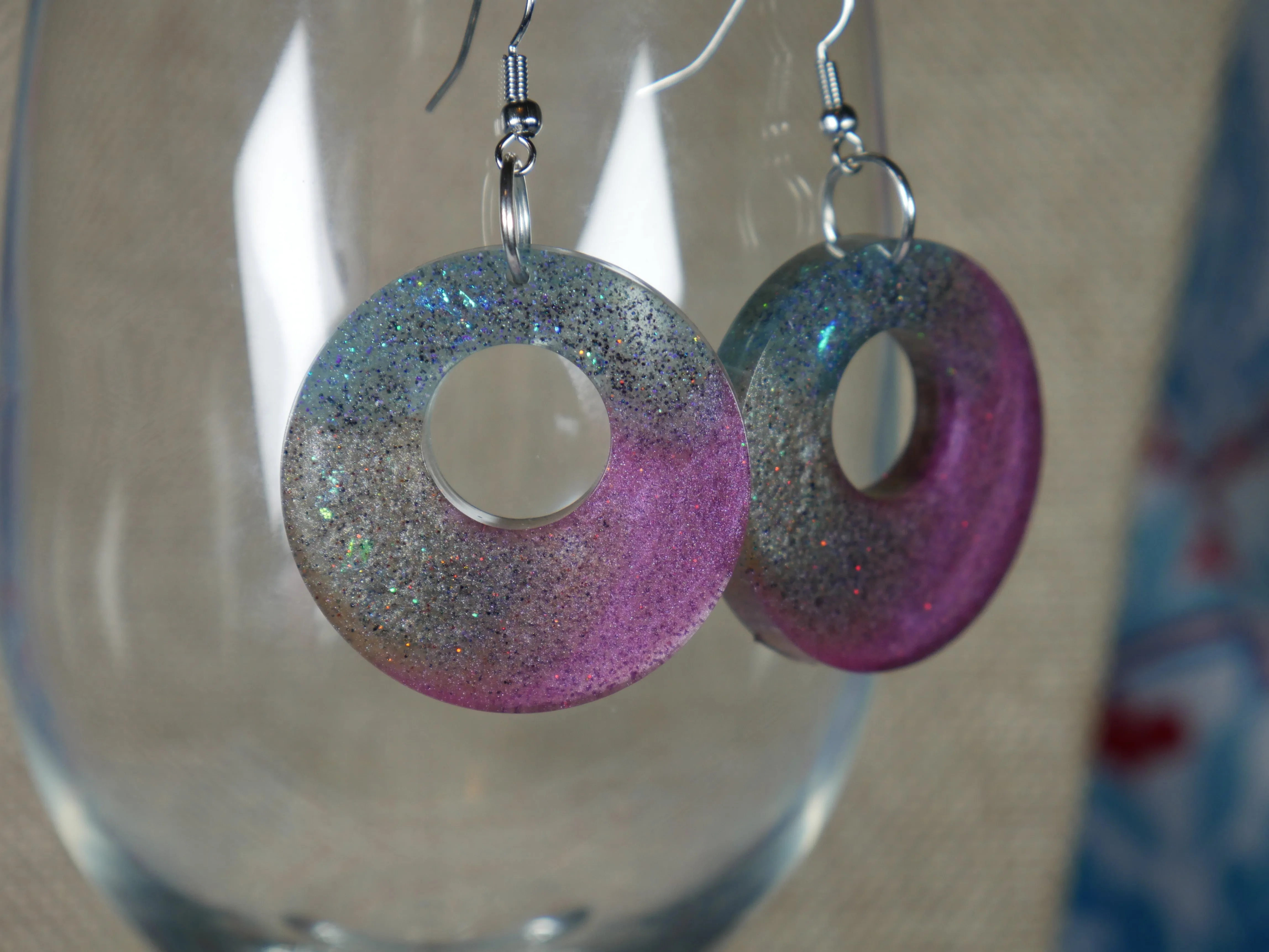 Resin Sparkly Blue, Purplish Grape Colored and Opalescent Loop Earrings