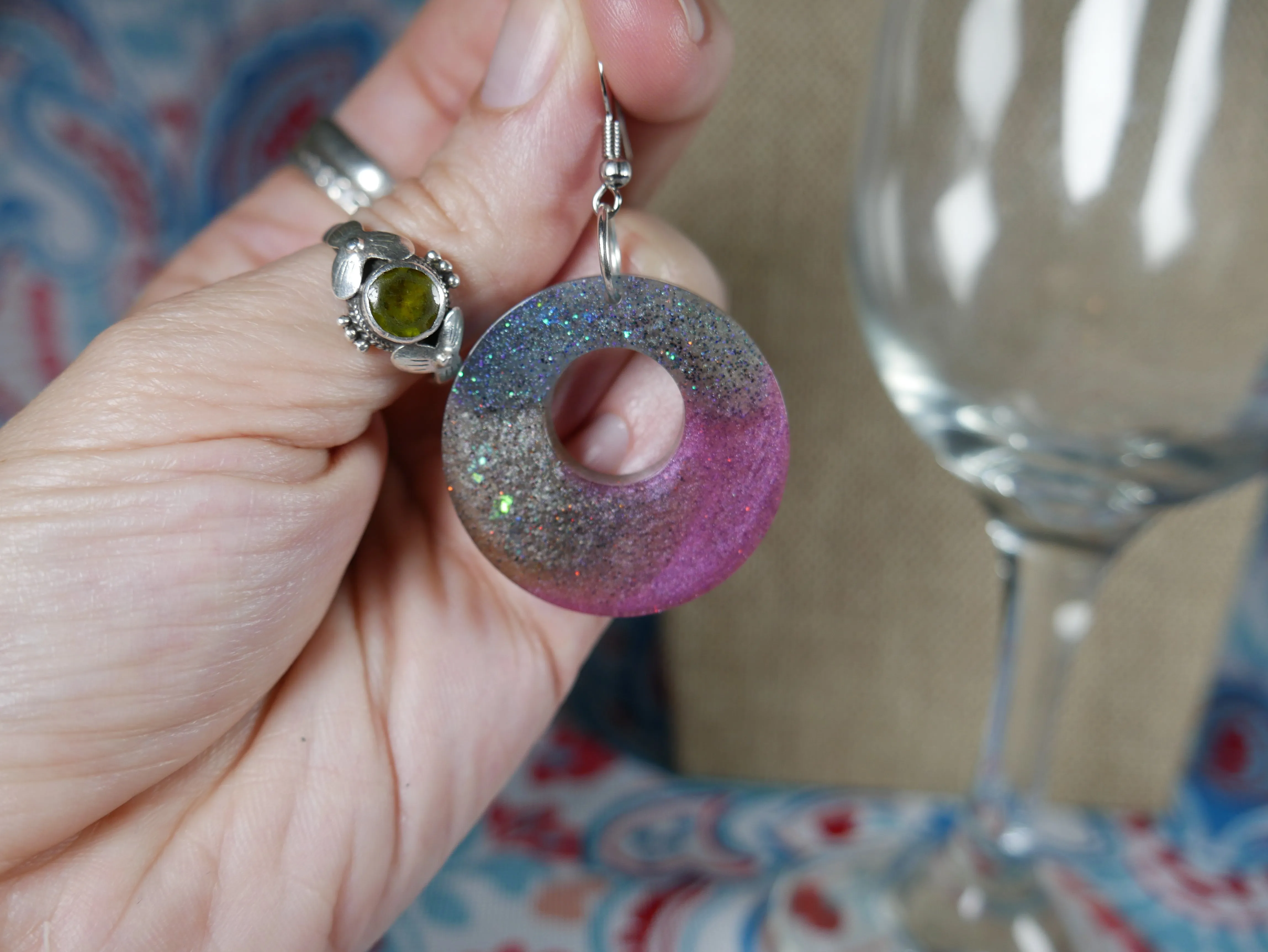 Resin Sparkly Blue, Purplish Grape Colored and Opalescent Loop Earrings