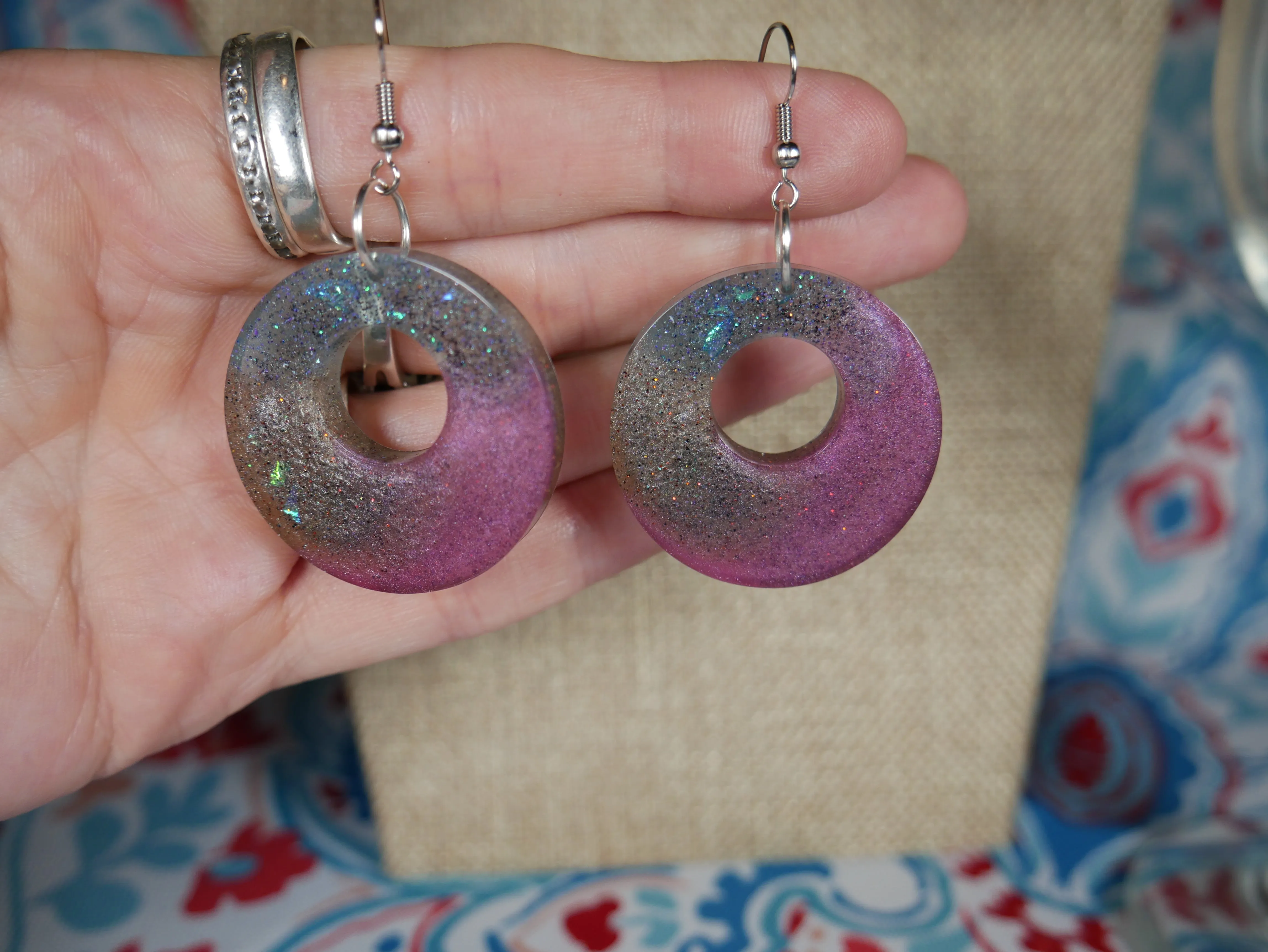 Resin Sparkly Blue, Purplish Grape Colored and Opalescent Loop Earrings