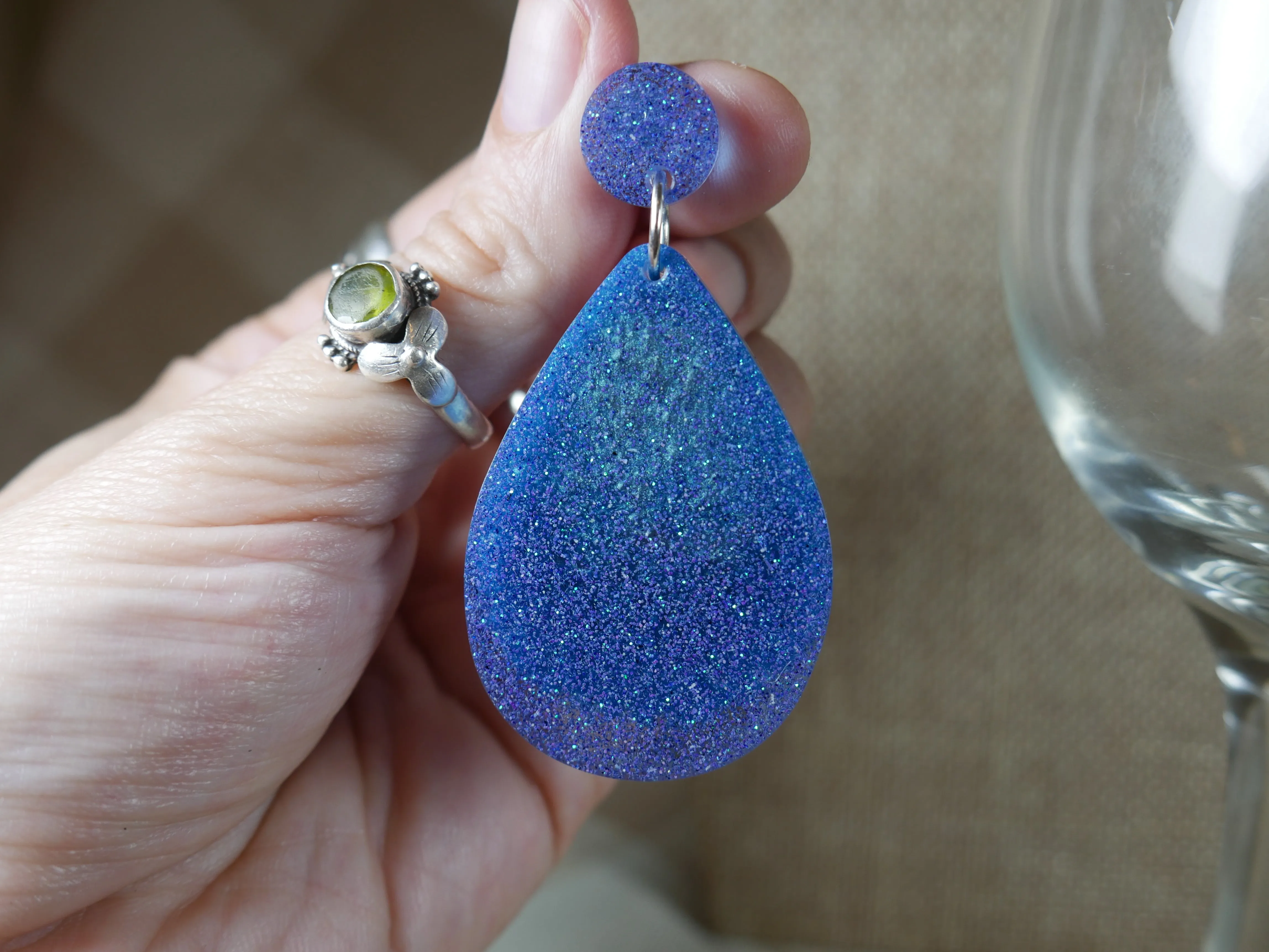 Resin Sparkly Blue Teardrop Shaped Earrings