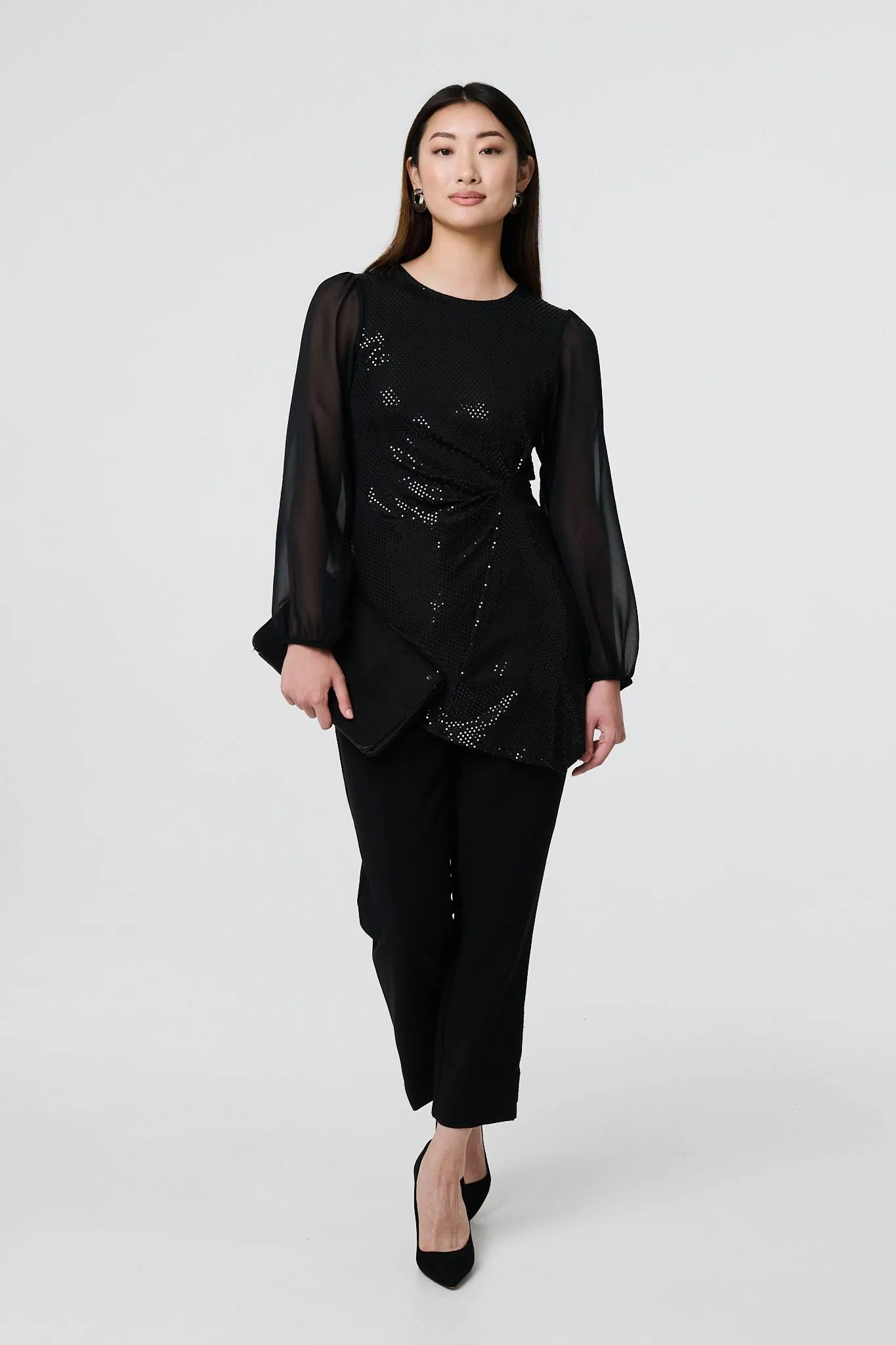 Semi Sheer Sparkly Long Sleeve Blouse