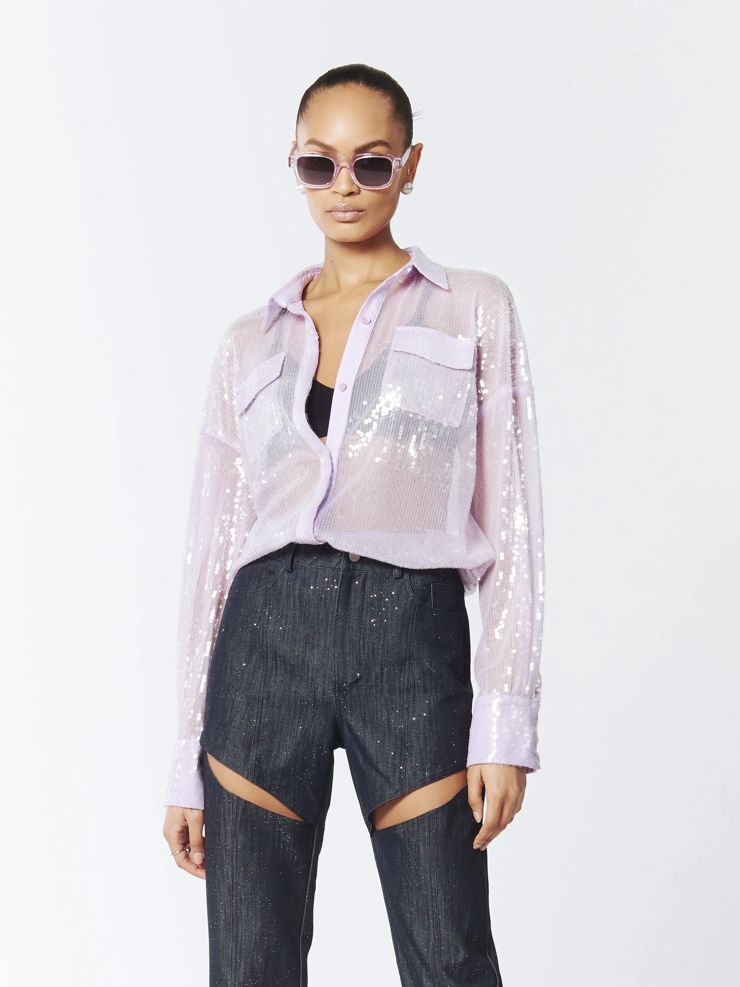 Sequined Sheer Shirt in Wisteria Purple