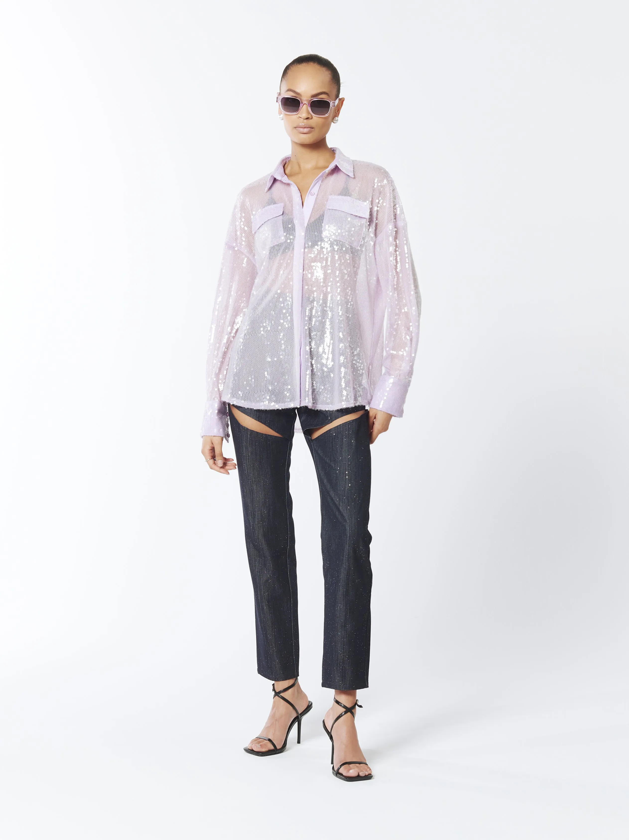 Sequined Sheer Shirt in Wisteria Purple