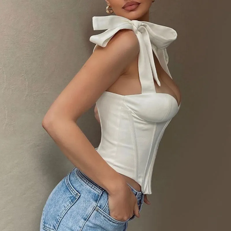 Sexy Satin Tie Strap Sweetheart Cropped Corset Tank Top - White