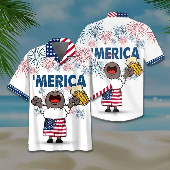 Sheep And Beer Hawaiian Shirt, 4th of july Hawaiian Shirt, Sheep American flag Hawaiian shirts for men, Women