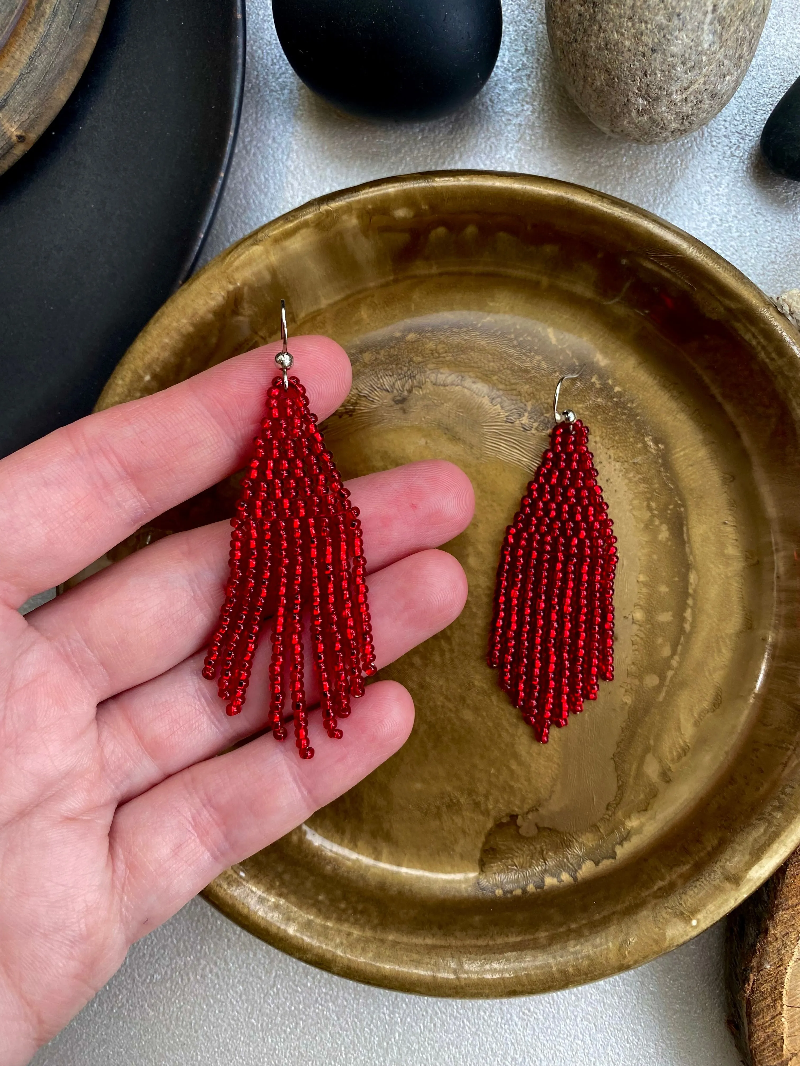 Shiny Red Seed Bead Earrings, Fringe Festive Chandelier Earring, Boho Hippie Earrings, Red Dainty Statement Earring, Dangle Earring Handmade