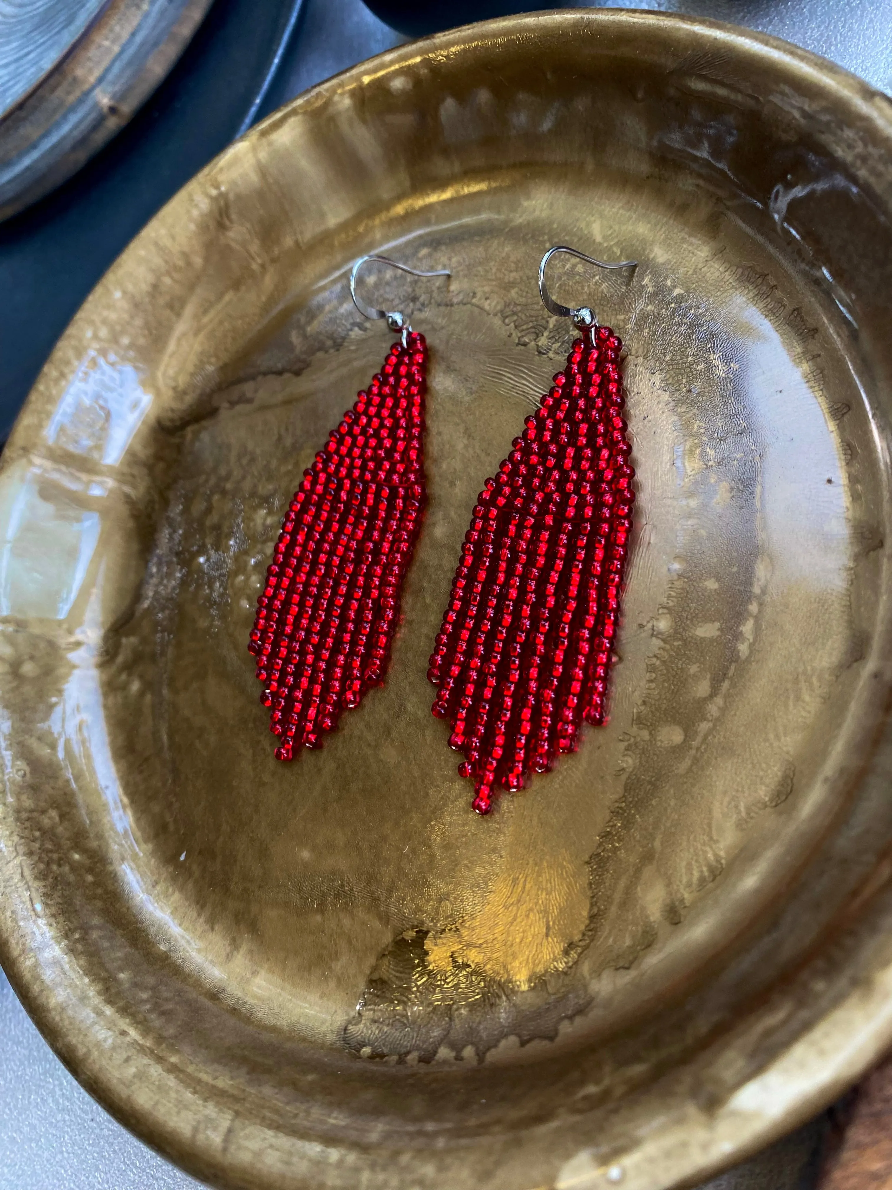 Shiny Red Seed Bead Earrings, Fringe Festive Chandelier Earring, Boho Hippie Earrings, Red Dainty Statement Earring, Dangle Earring Handmade