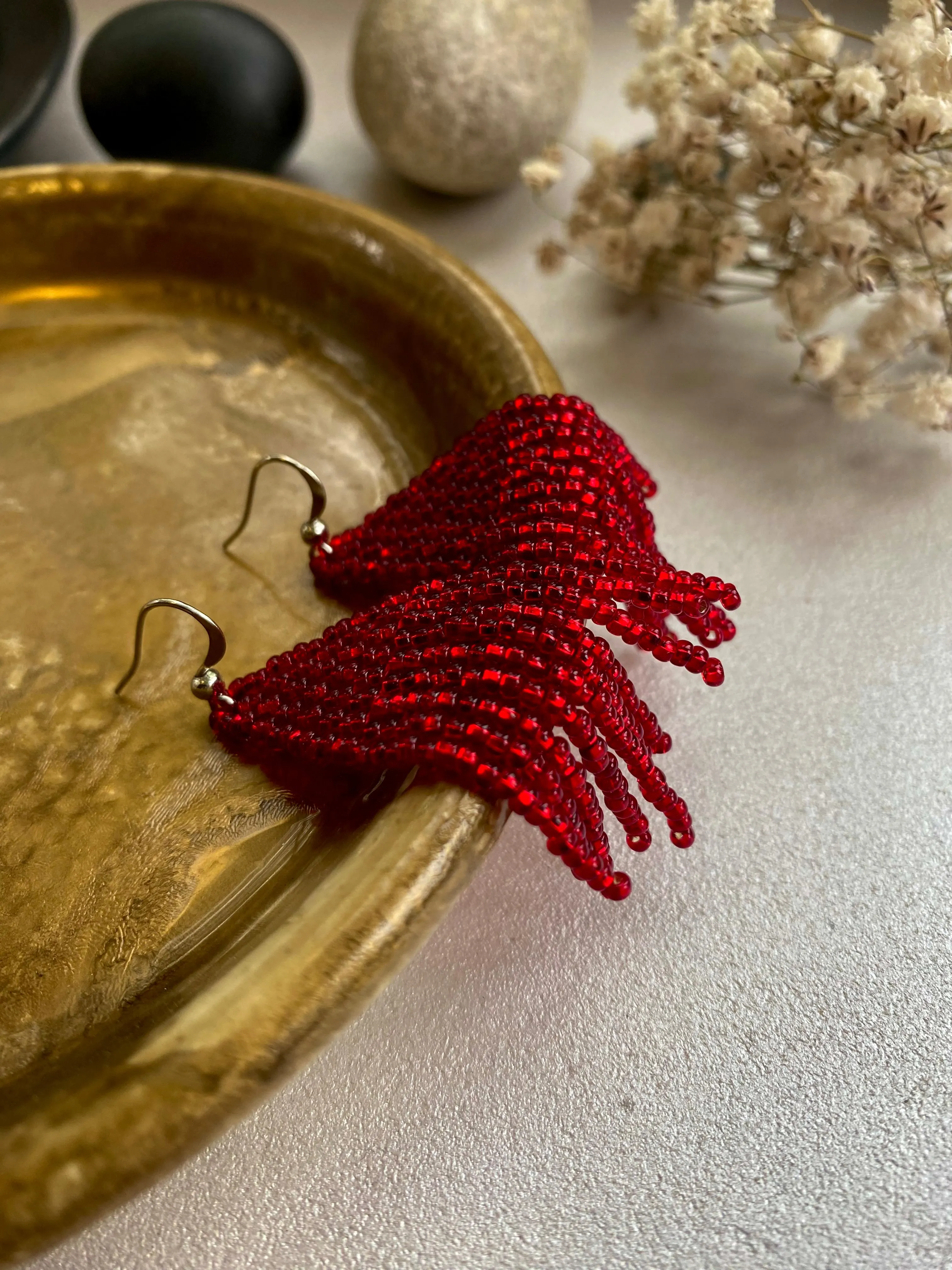 Shiny Red Seed Bead Earrings, Fringe Festive Chandelier Earring, Boho Hippie Earrings, Red Dainty Statement Earring, Dangle Earring Handmade