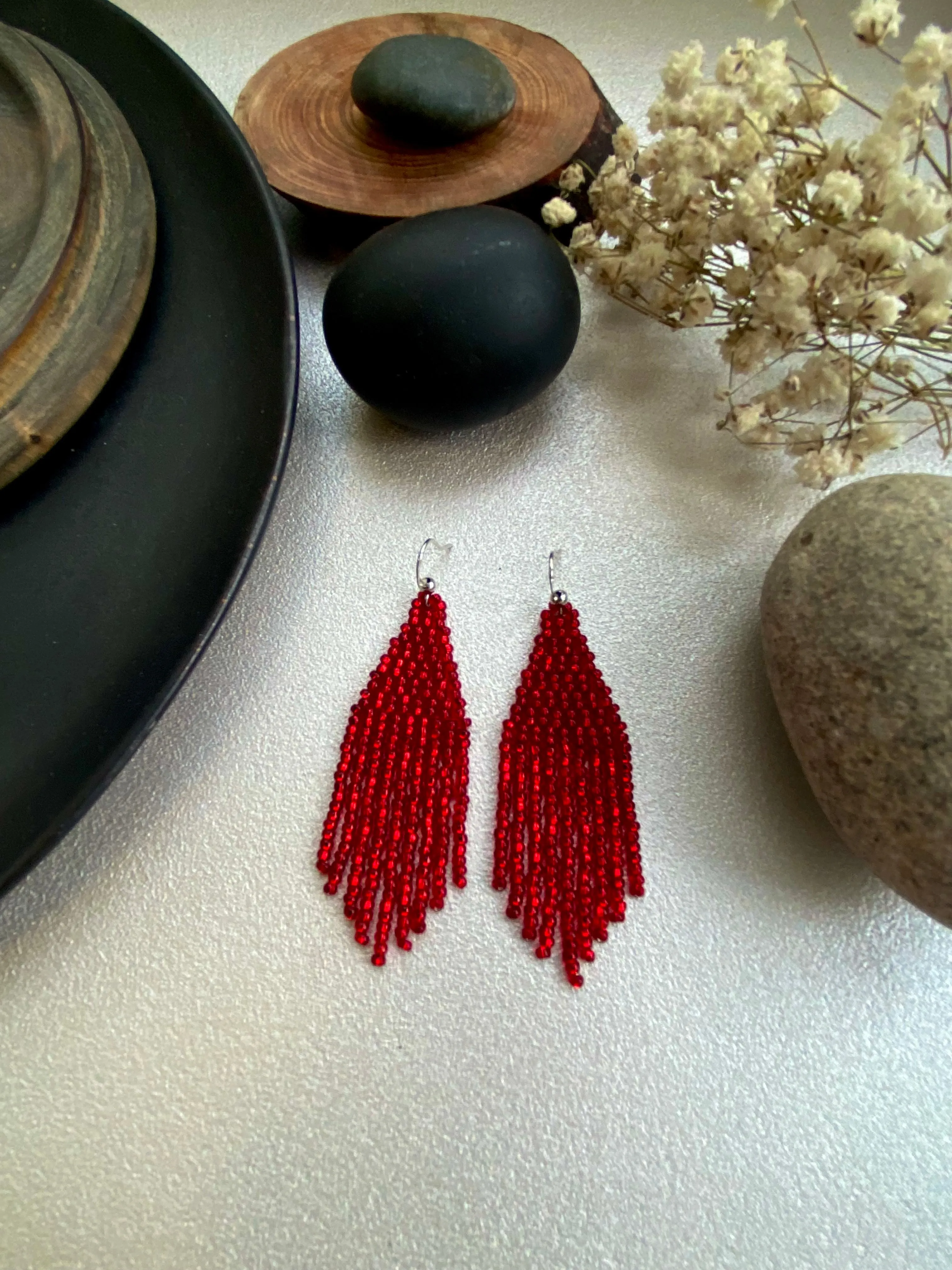 Shiny Red Seed Bead Earrings, Fringe Festive Chandelier Earring, Boho Hippie Earrings, Red Dainty Statement Earring, Dangle Earring Handmade