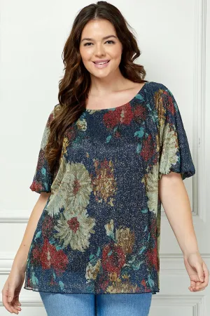 Short Puff Sleeve Scoop Neck Bubble Blouse - Plus