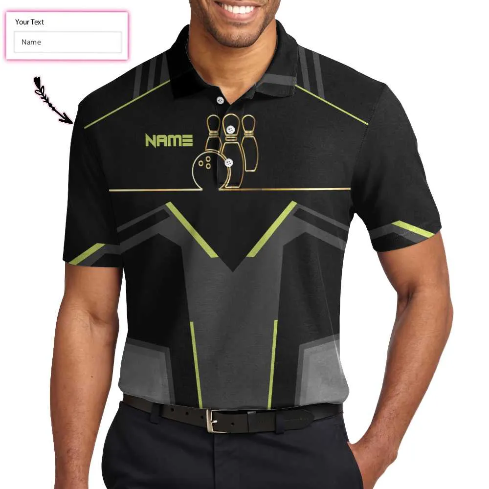 Slow Roll Black And Golden Pattern Custom Bowling Polo Shirt, Personalized Bowling Shirt For Men, Best Gift For Bowler Coolspod