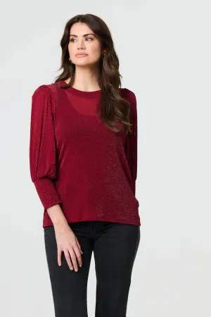 Sparkly 3/4 Puff Sleeve Mesh Top