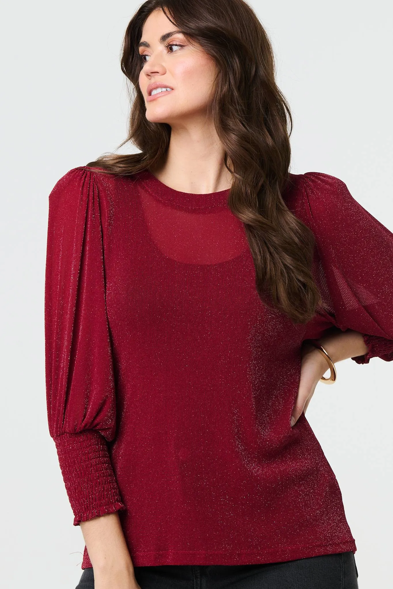 Sparkly 3/4 Puff Sleeve Mesh Top