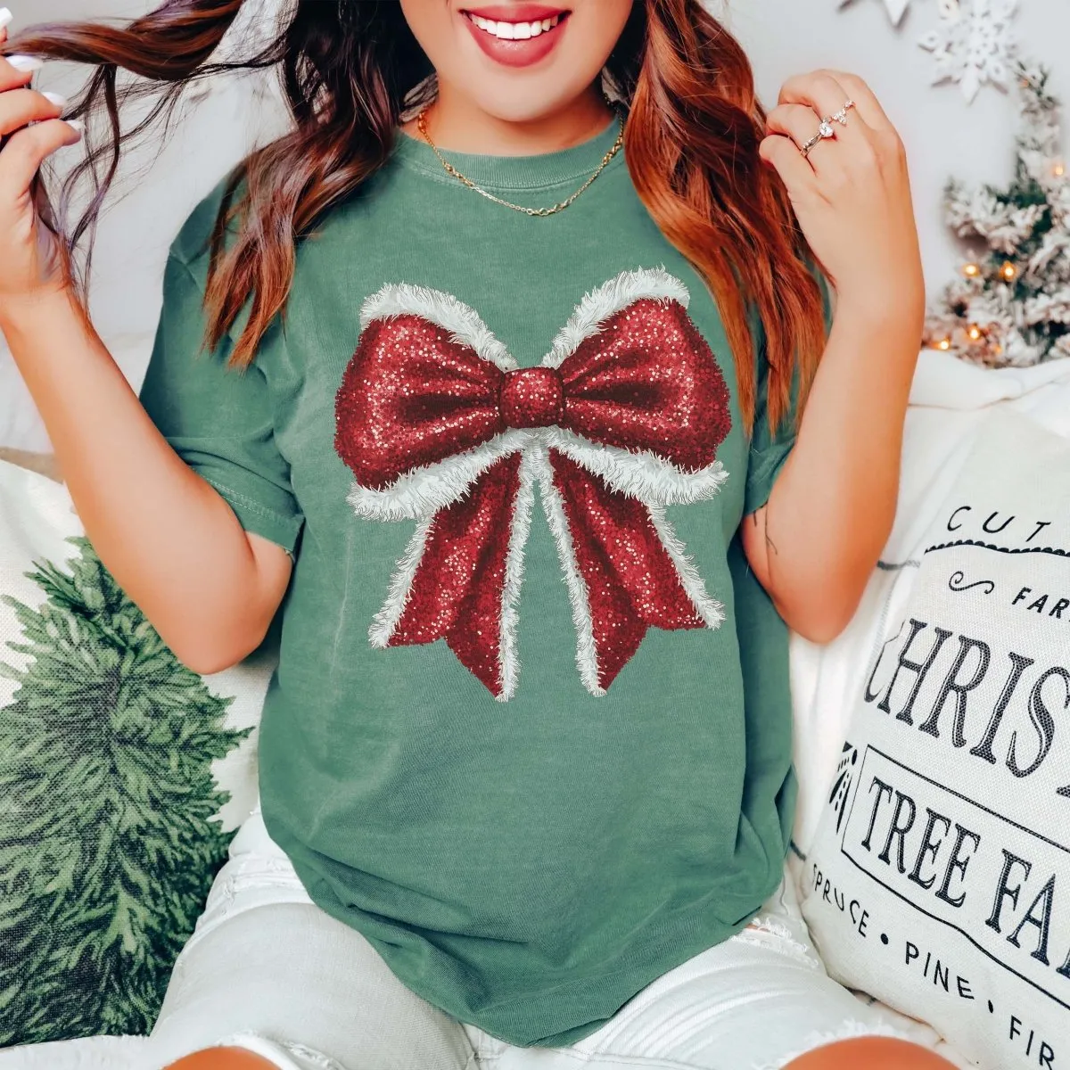 Sparkly Santa Bow Wholesale Comfort Color Graphic Tee - Fast Shipping