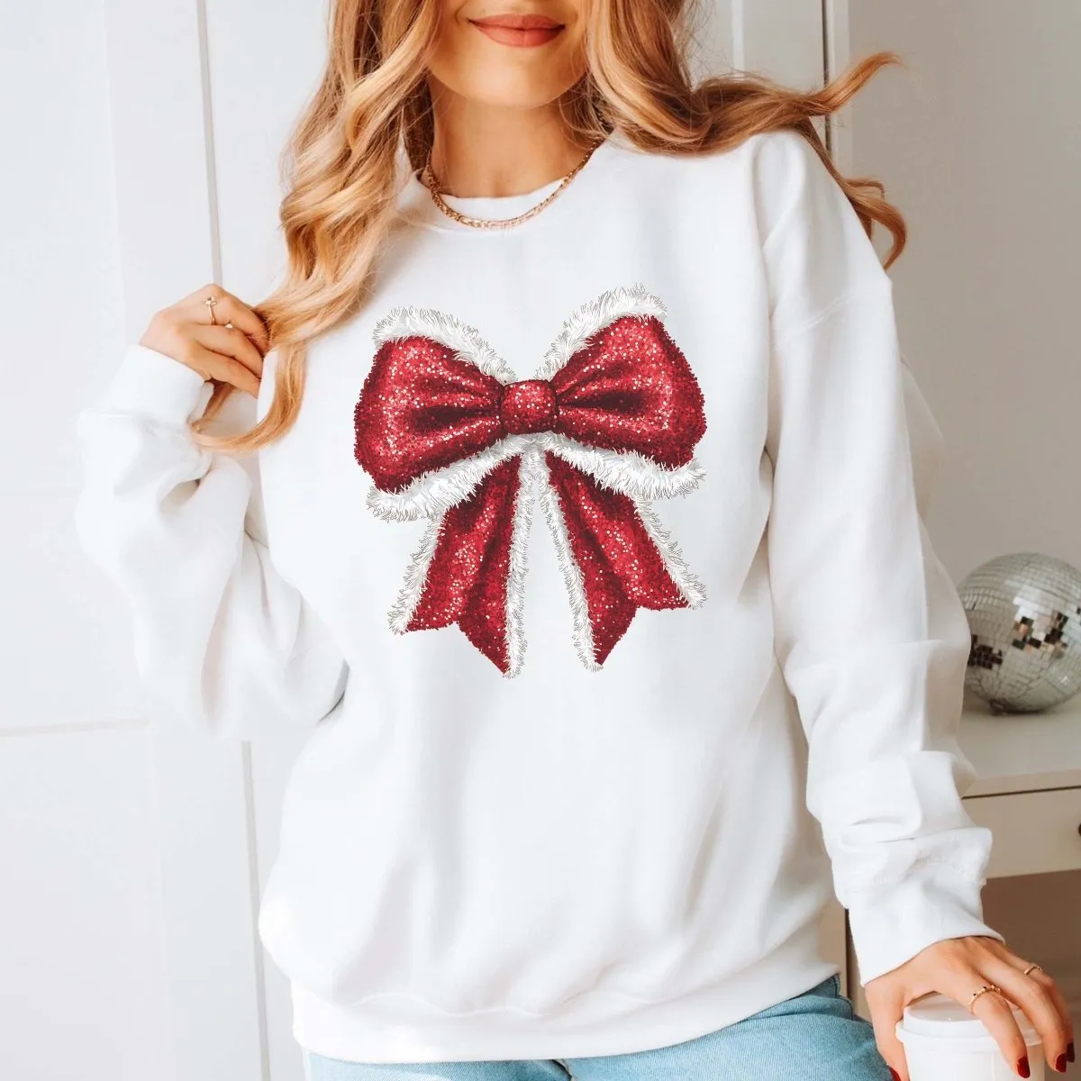 Sparkly Santa Bow Wholesale Graphic Sweatshirt - Rapid Shipping