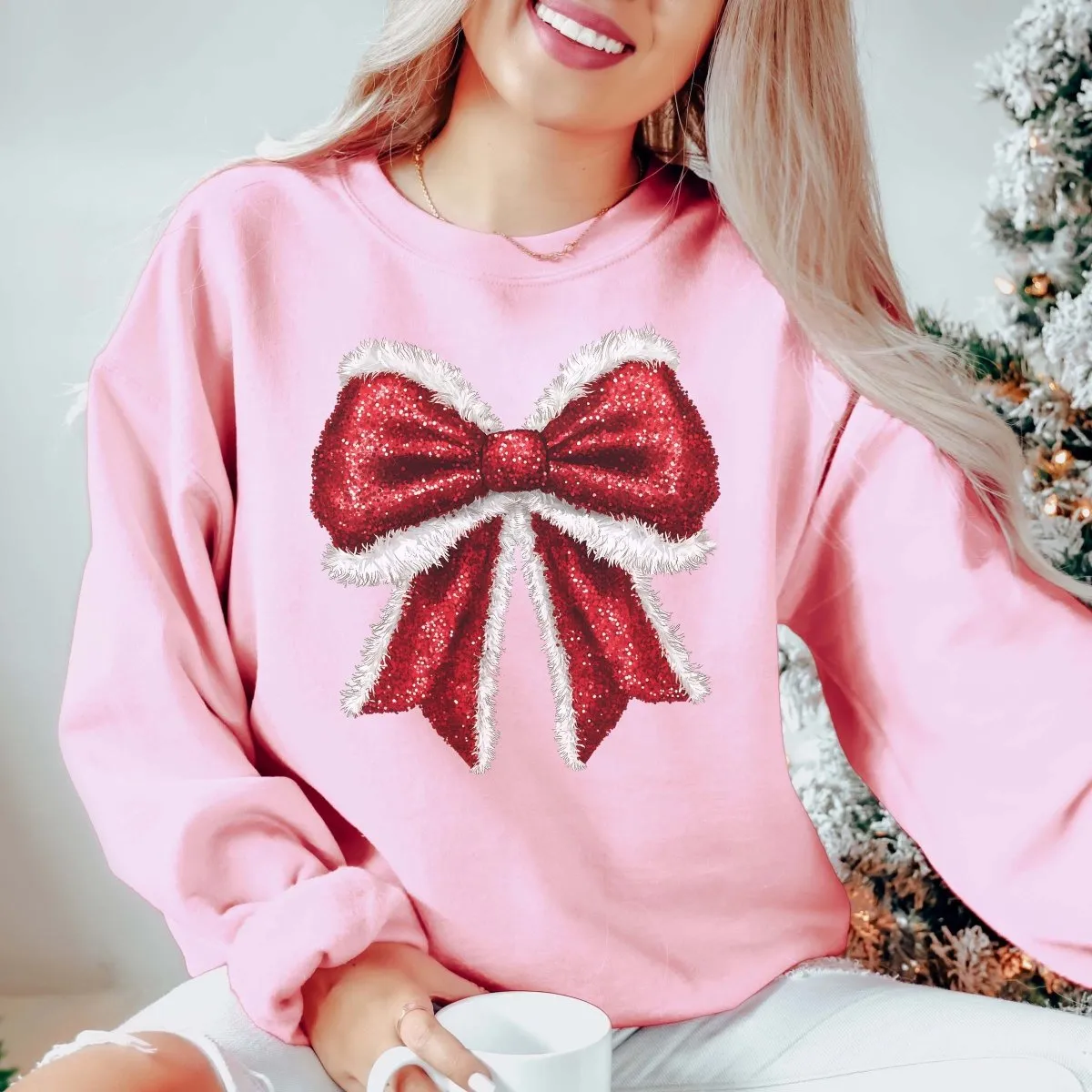 Sparkly Santa Bow Wholesale Graphic Sweatshirt - Rapid Shipping