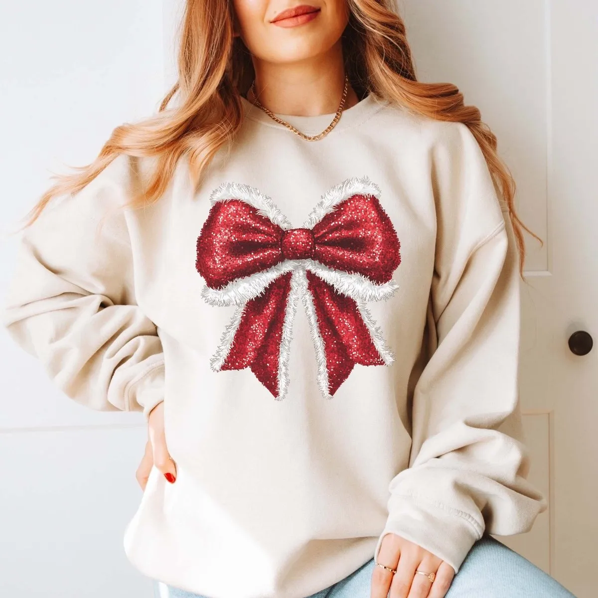 Sparkly Santa Bow Wholesale Graphic Sweatshirt - Rapid Shipping