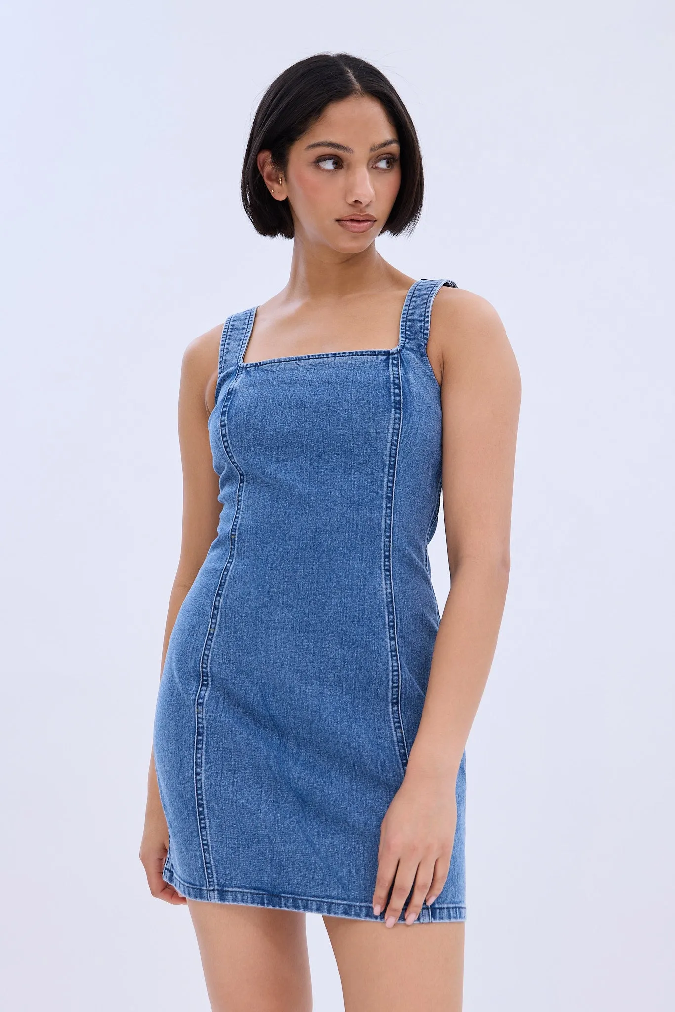 Square Neck Sleeveless Denim Mini Dress