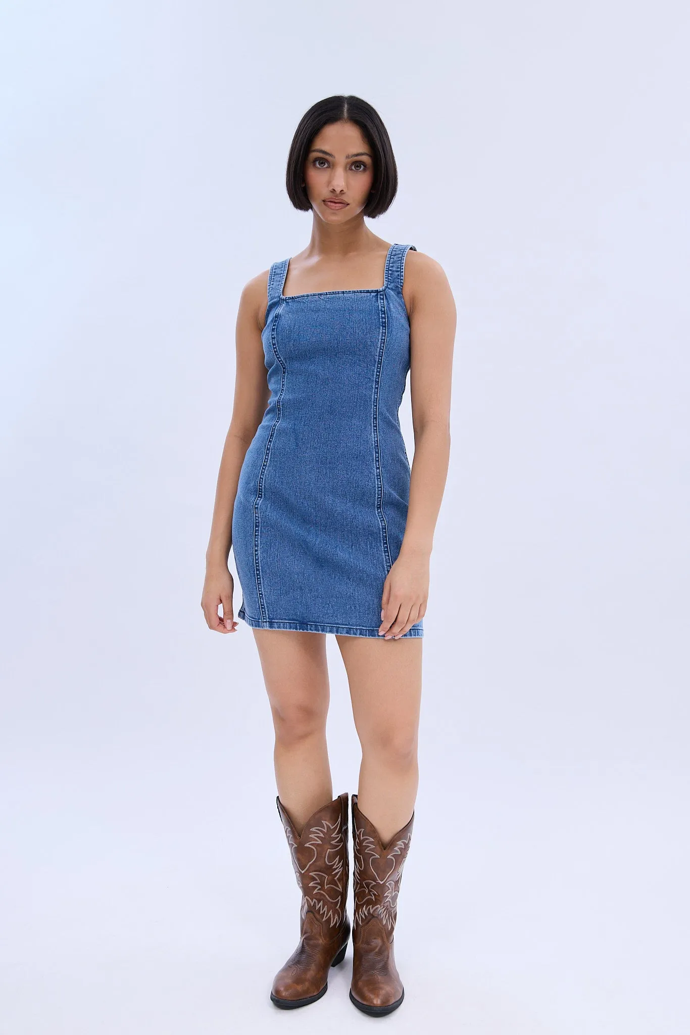 Square Neck Sleeveless Denim Mini Dress