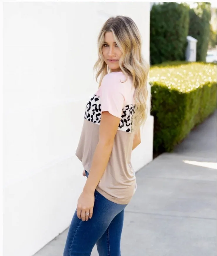 Tan & Pink Animal Print Colorblock Top - #6948-6954