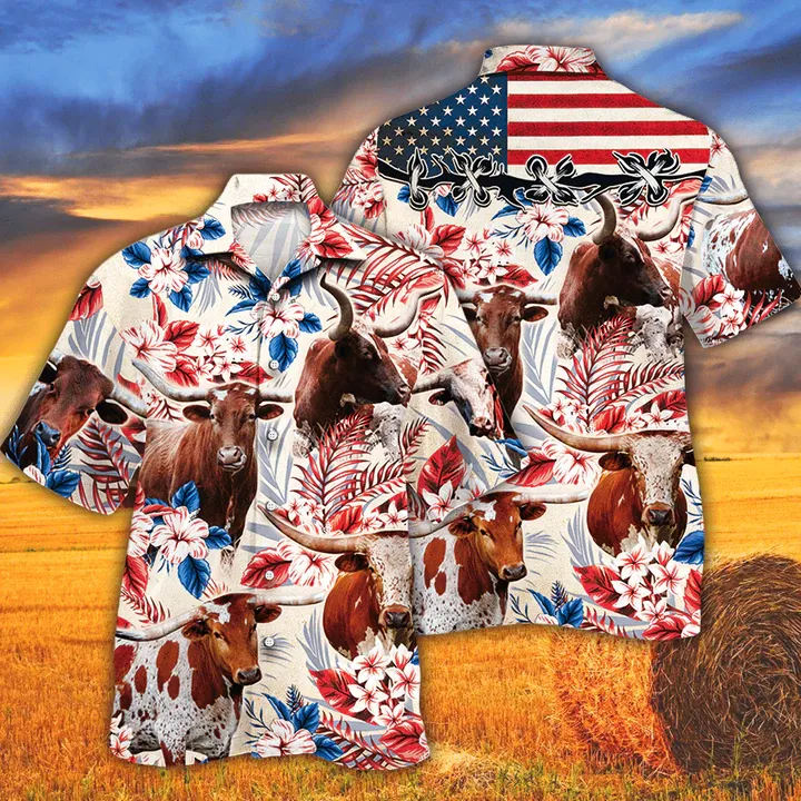 Tx Longhorn Cattle Lovers American Flag Hawaiian Shirt, Cow Hawaiian shirt vintage flower, Hawaiian shirt men, Hawaiian shirt women