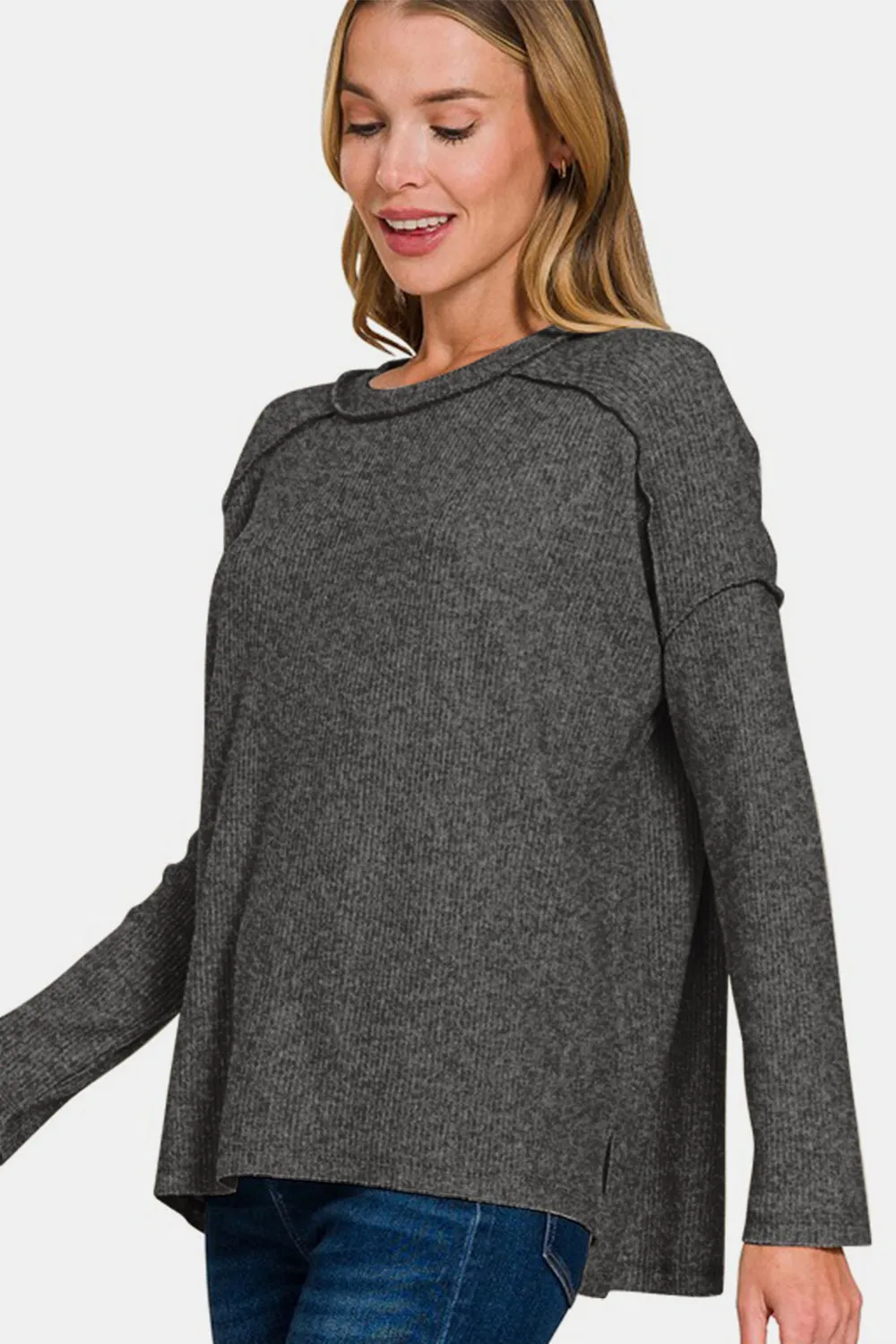 Zenana Black Women Sweater Exposed Seam Brushed Round Neck High-Low