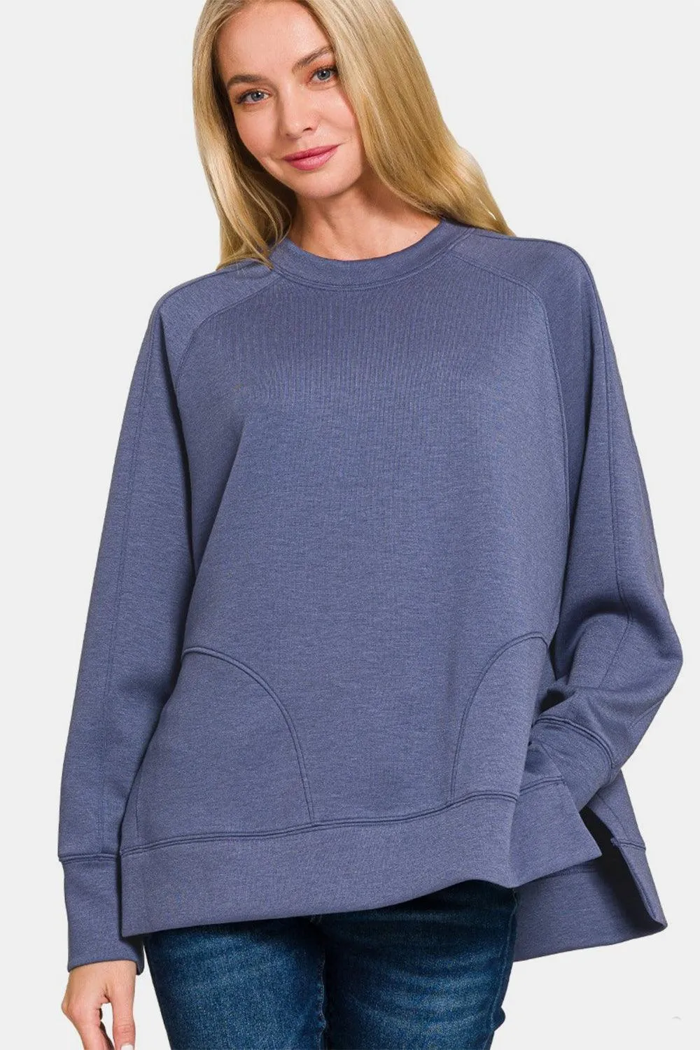 Zenana Sweatshirt Scuba Round Neck Side Slit Long Sleeve