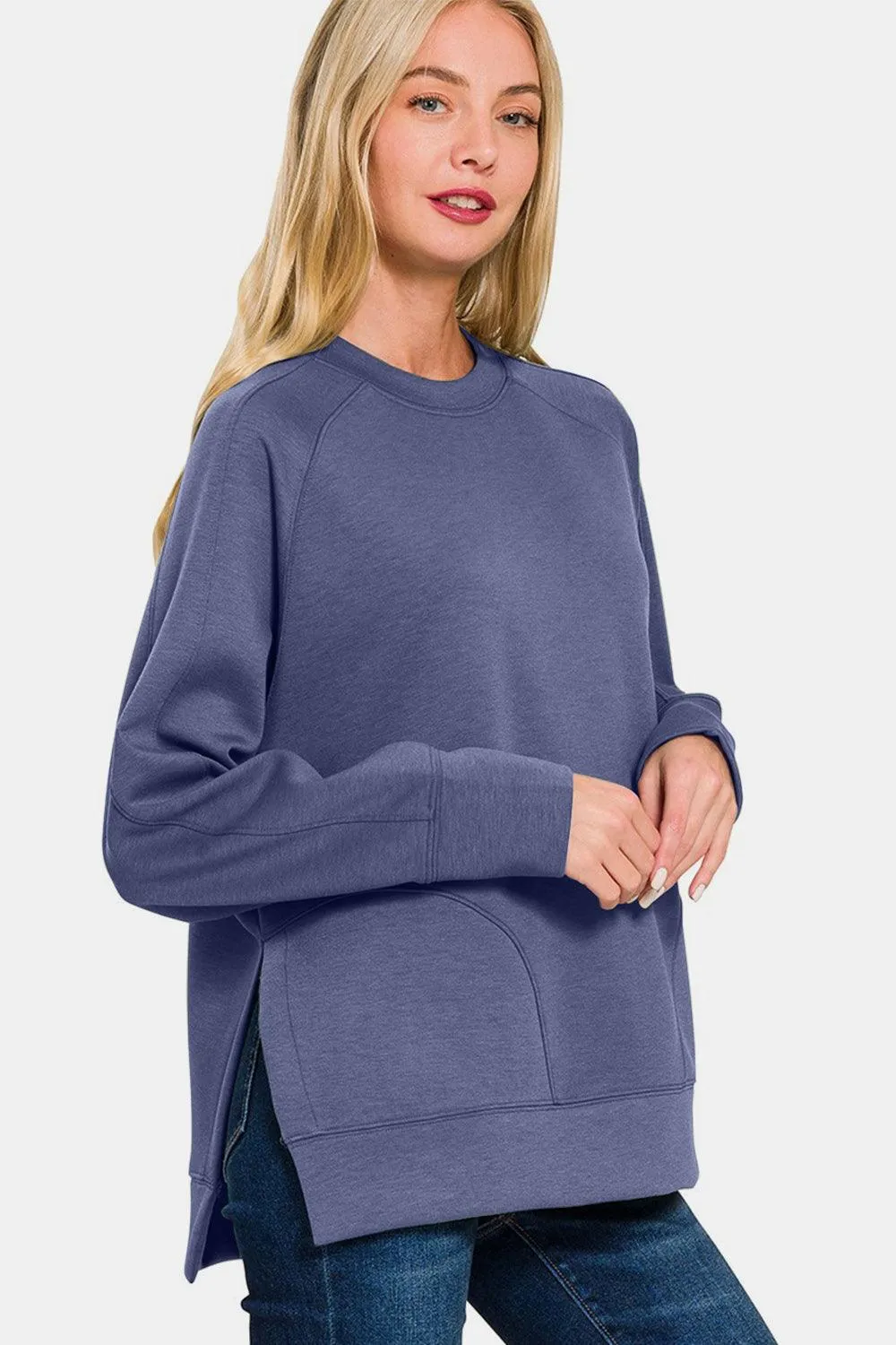 Zenana Sweatshirt Scuba Round Neck Side Slit Long Sleeve